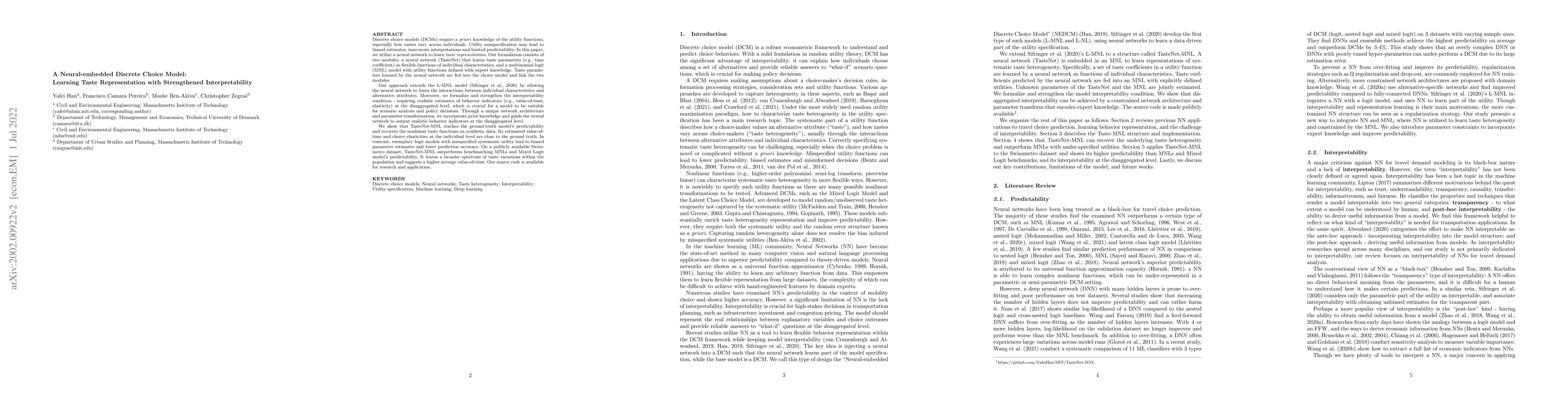 Thumbnail for A Neural-embedded Choice Model: TasteNet-MNL Modeling Taste
  Heterogeneity with Flexibility and Interpretability