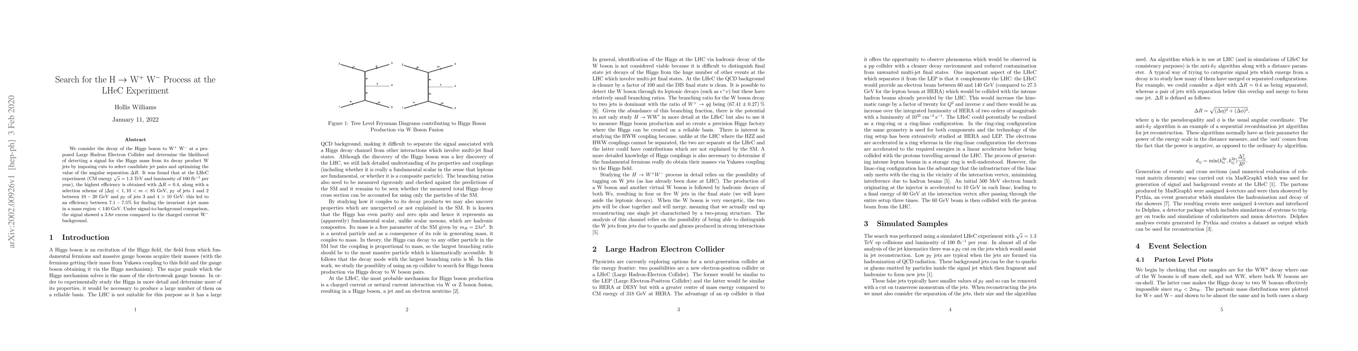 Thumbnail for Search for the $H \rightarrow \text{W}^+ \text{W}^-$ process at the LHeC
  Experiment