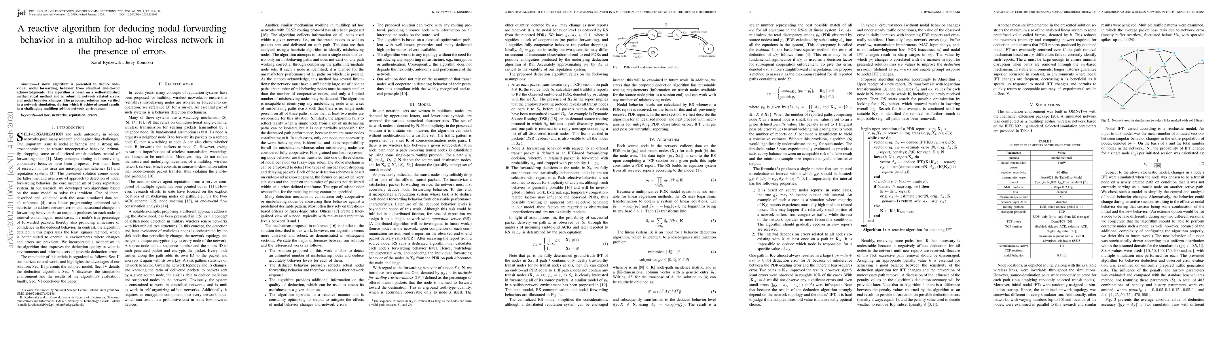Thumbnail for A reactive algorithm for deducing nodal forwarding behavior in a
  multihop ad-hoc wireless network in the presence of errors