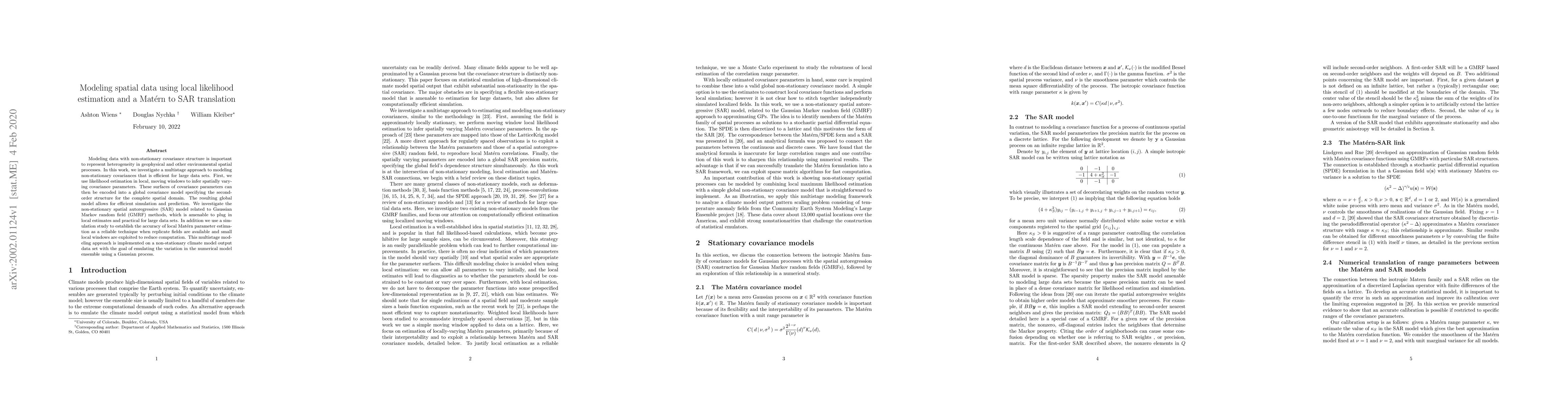 Thumbnail for Modeling spatial data using local likelihood estimation and a Mat\'ern
  to SAR translation