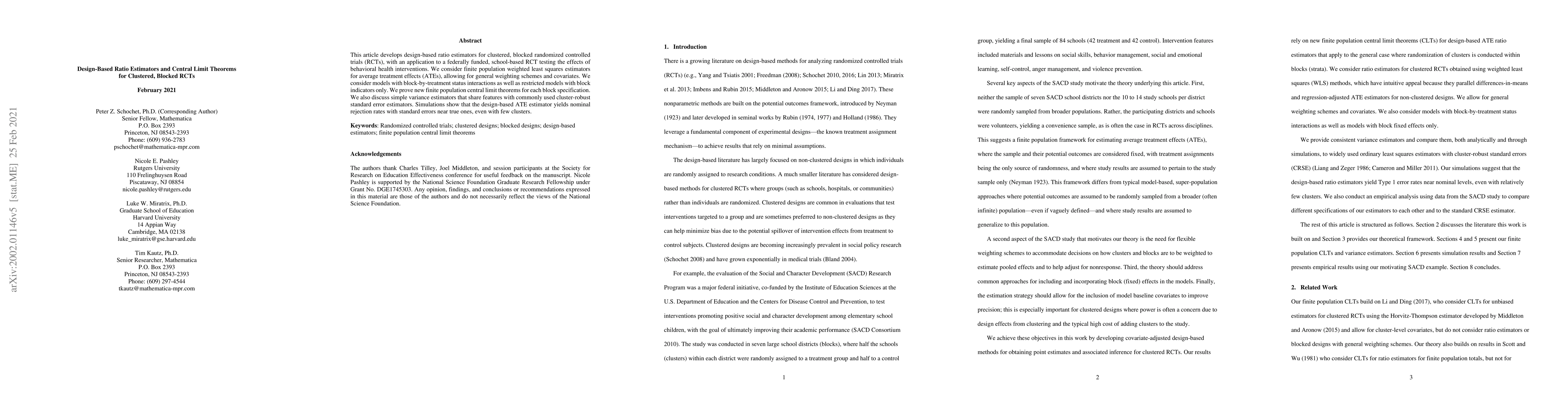 Thumbnail for Design-Based Ratio Estimators and Central Limit Theorems for Clustered,
  Blocked RCTs
