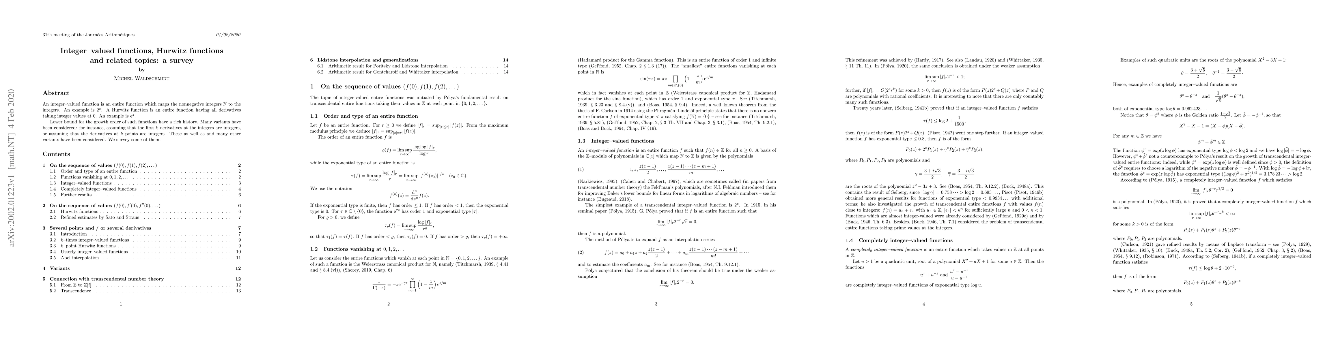 Thumbnail for Integer--valued functions, Hurwitz functions and related topics: a
  survey