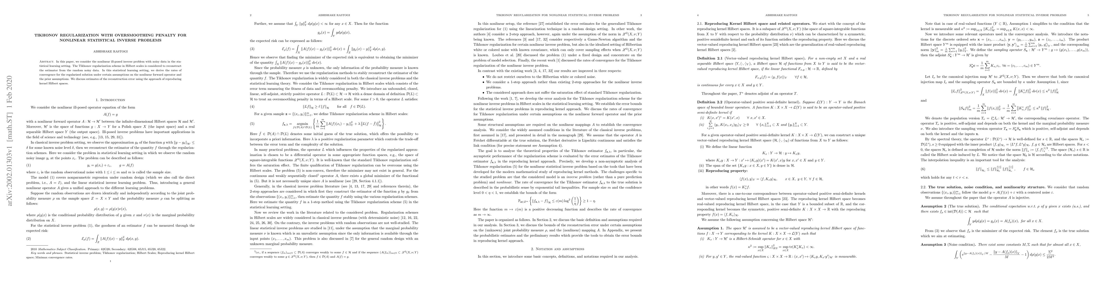 Thumbnail for Tikhonov regularization with oversmoothing penalty for nonlinear
  statistical inverse problems