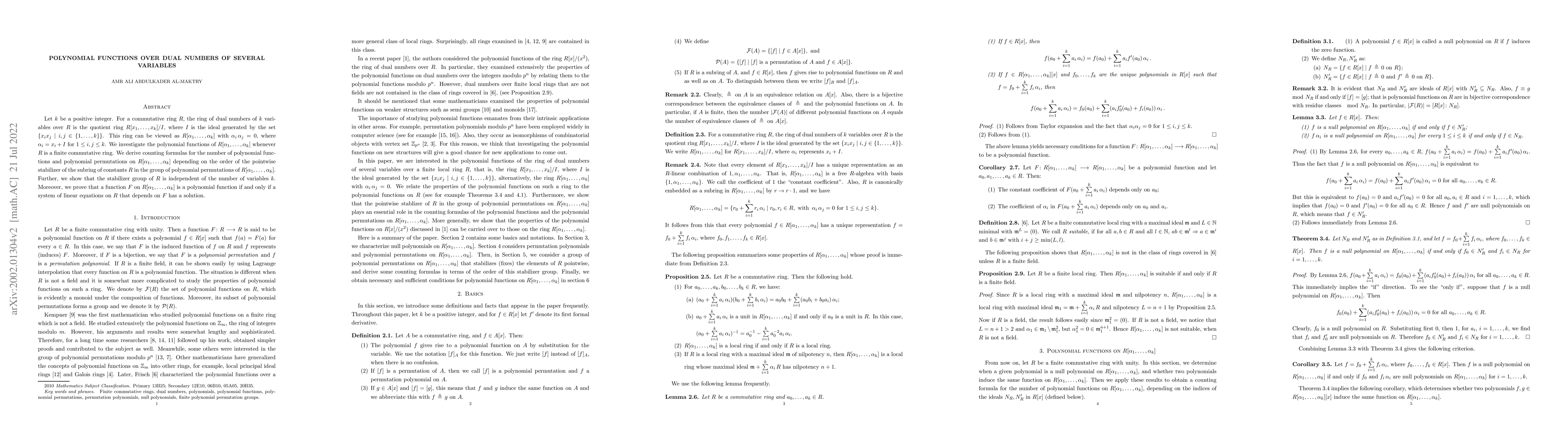Thumbnail for Polynomial functions over dual numbers of several variables