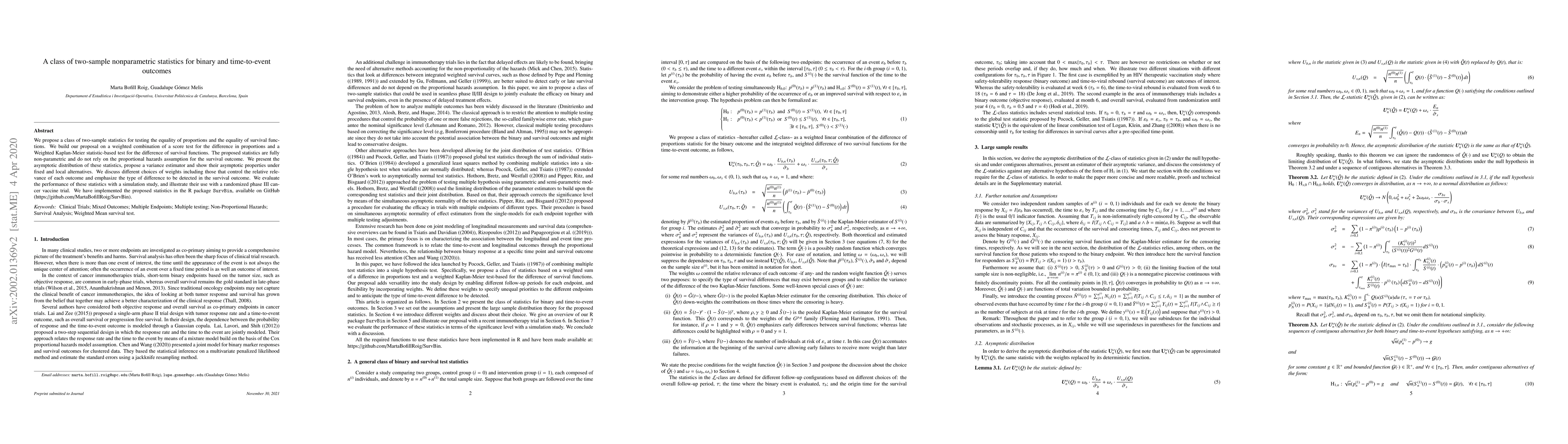 Thumbnail for A class of two-sample nonparametric statistics for binary and
  time-to-event outcomes
