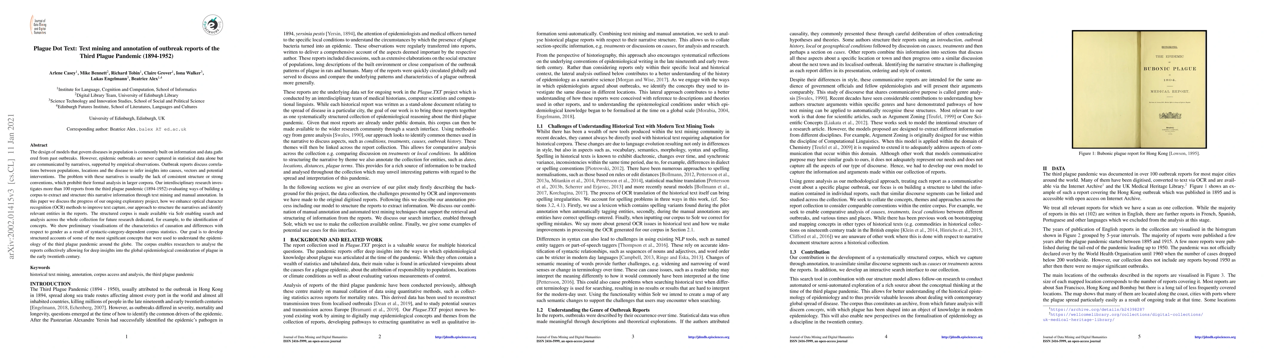 Thumbnail for Plague Dot Text: Text mining and annotation of outbreak reports of the
  Third Plague Pandemic (1894-1952)