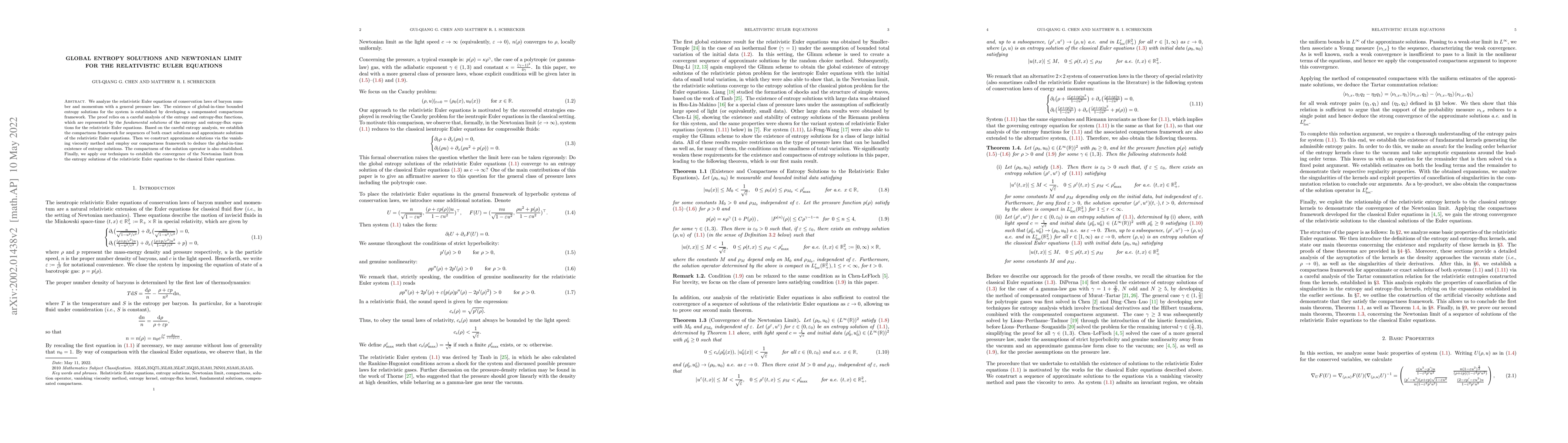 Thumbnail for Global Entropy Solutions and Newtonian Limit for the Relativistic Euler
  Equations