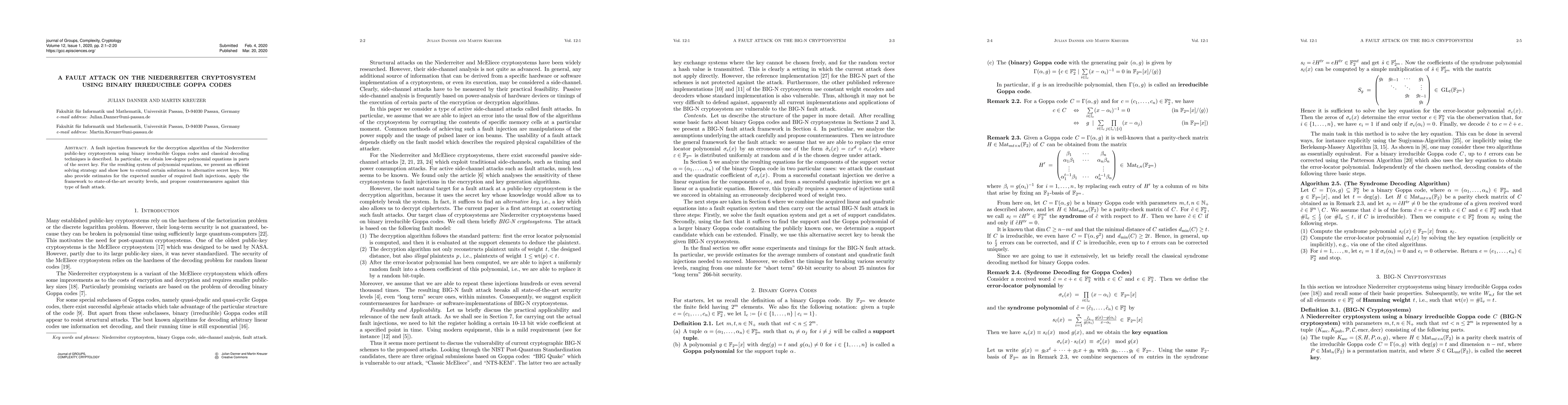 Thumbnail for A fault attack on the Niederreiter cryptosystem using binary irreducible
  Goppa codes