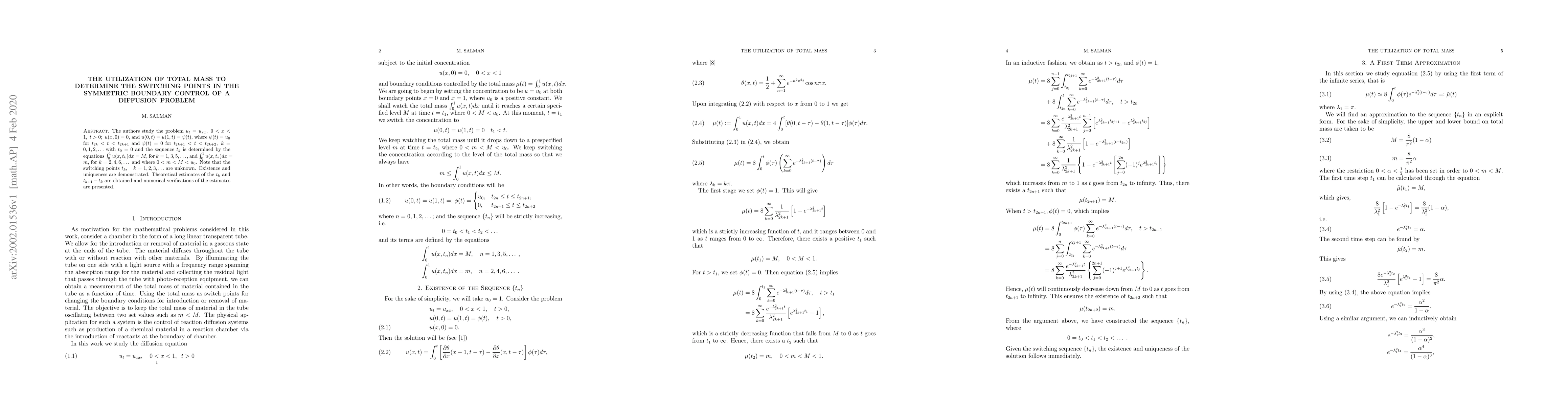 Thumbnail for The utilization of total mass to determine the switching points in the
  symmetric boundary control of a diffusion problem