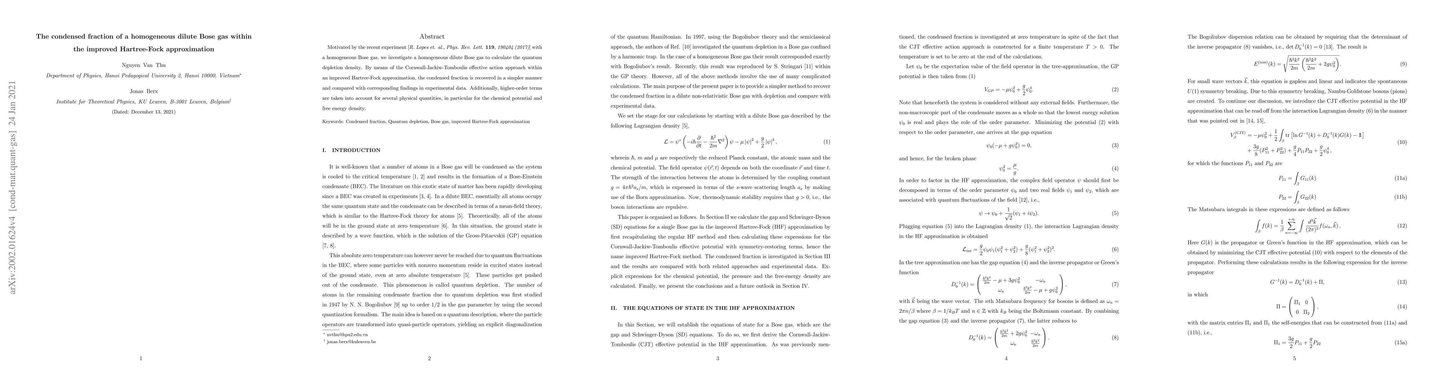Thumbnail for The condensed fraction of a homogeneous dilute Bose gas within the
  improved Hartree-Fock approximation