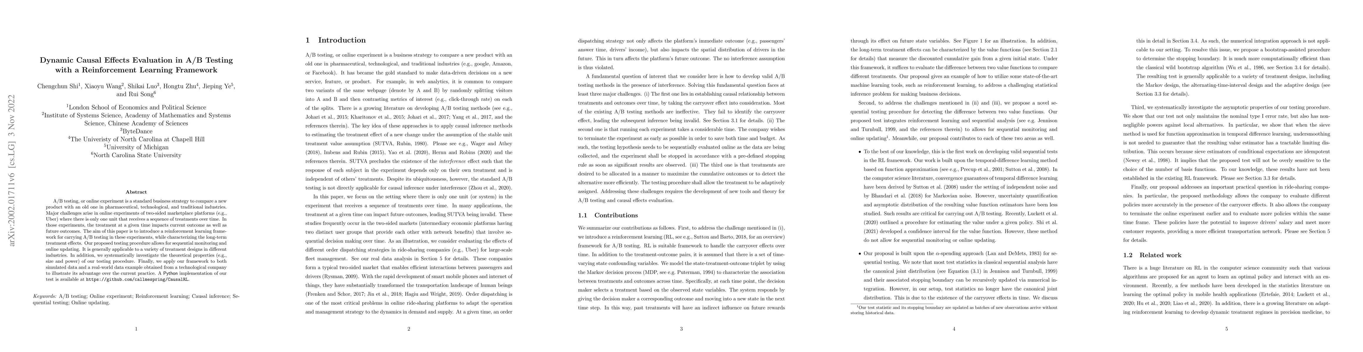 Thumbnail for Dynamic Causal Effects Evaluation in A/B Testing with a Reinforcement
  Learning Framework