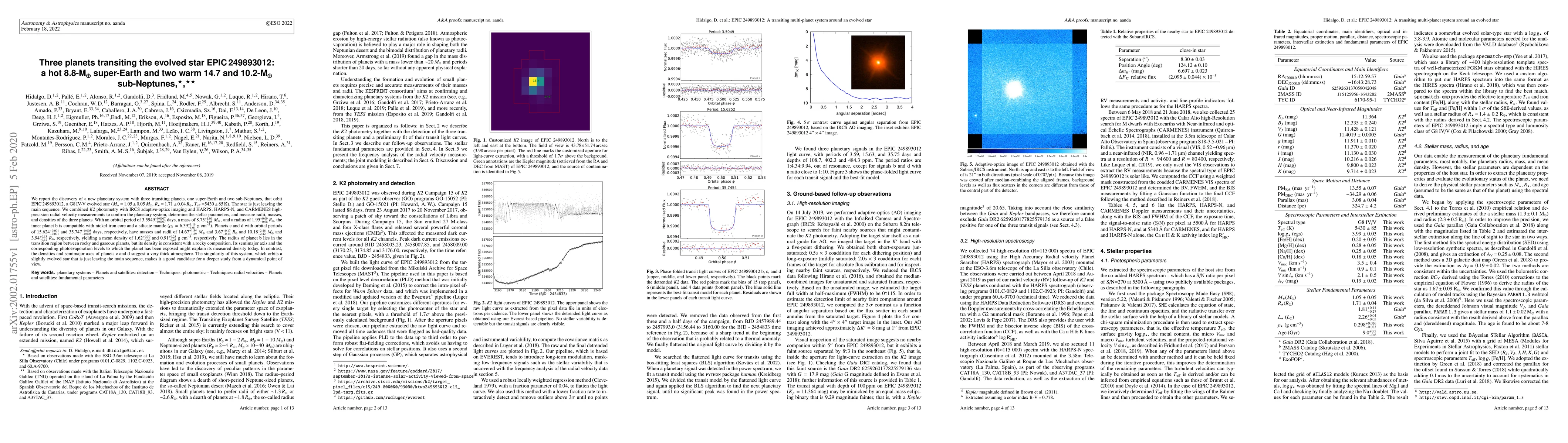 Thumbnail for Three planets transiting the evolved star EPIC 249893012: a hot
  8.8-M$_\oplus$ super-Earth and two warm 14.7 and 10.2-M$_\oplus$ sub-Neptunes