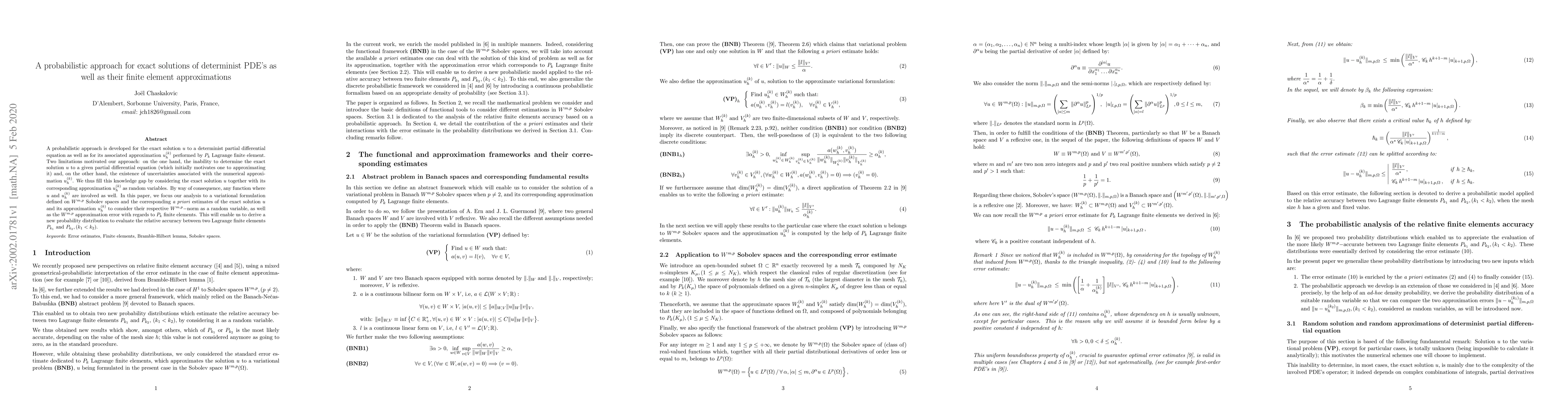 Thumbnail for A probabilistic approach for exact solutions of determinist PDE's as
  well as their finite element approximations
