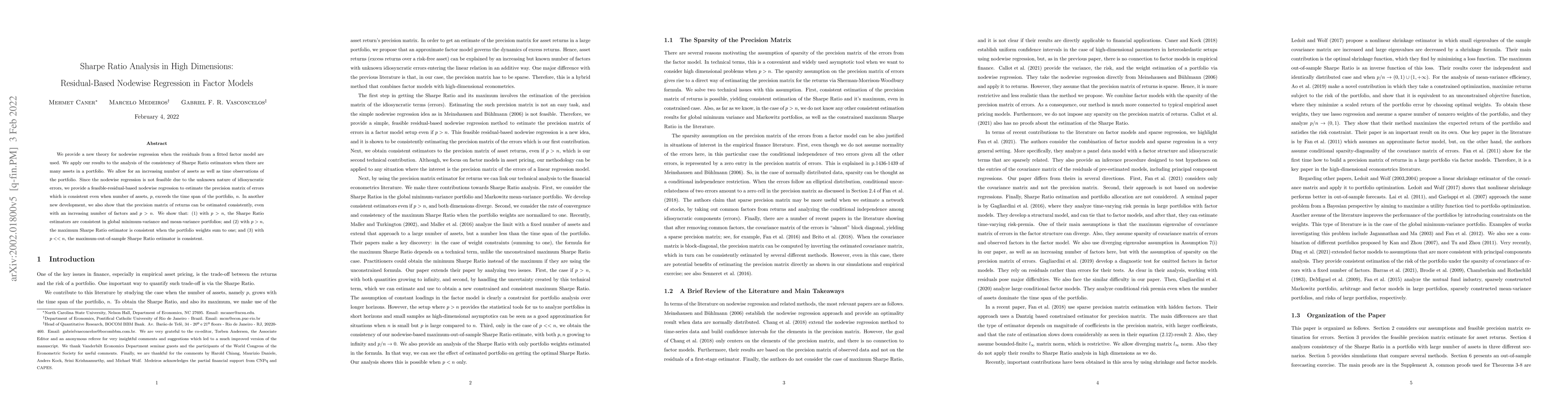 Thumbnail for Sharpe Ratio Analysis in High Dimensions: Residual-Based Nodewise
  Regression in Factor Models