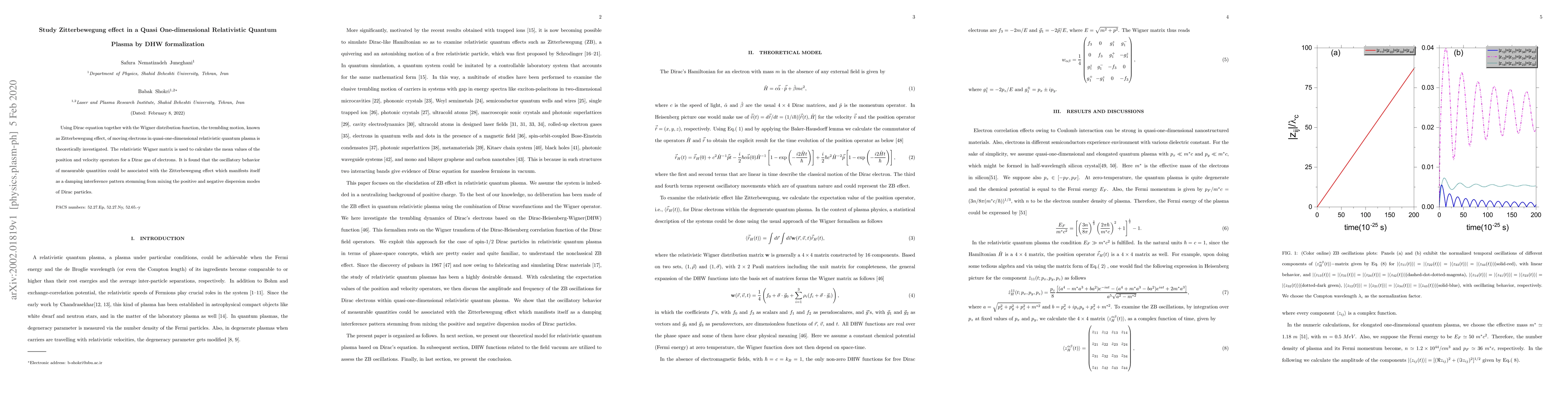 Thumbnail for Study Zitterbewegung effect in a Quasi One-dimensional Relativistic
  Quantum Plasma by DHW formalization