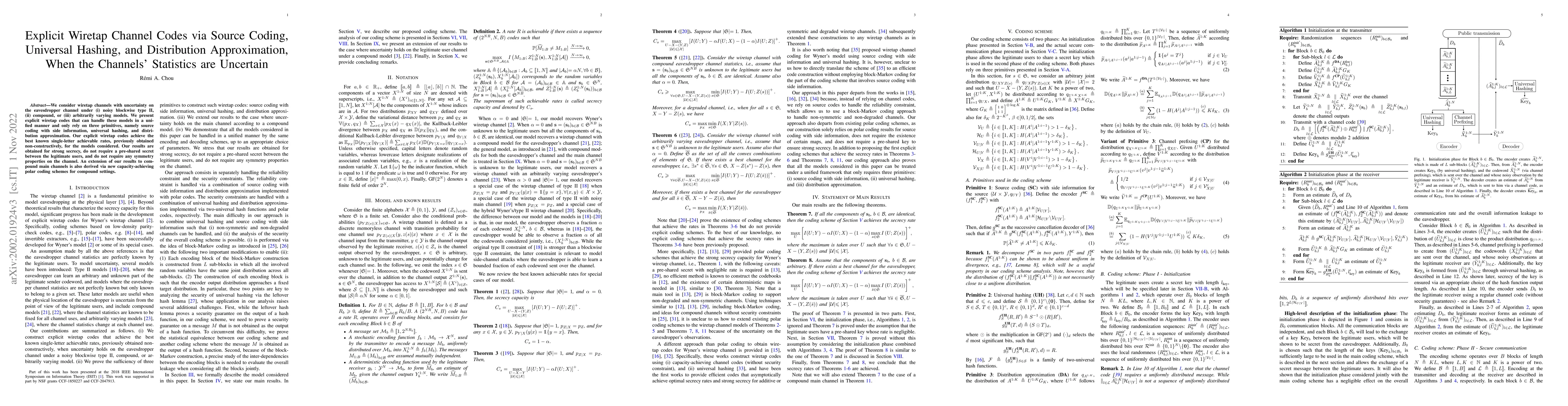 Thumbnail for Explicit Wiretap Channel Codes via Source Coding, Universal Hashing, and
  Distribution Approximation, When the Channels' Statistics are Uncertain
