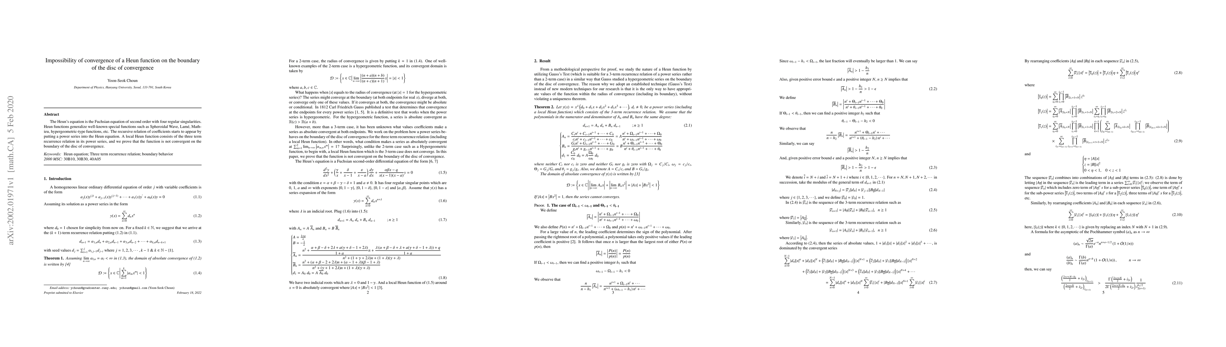 Thumbnail for Impossibility of convergence of a Heun function on the boundary of the
  disc of convergence