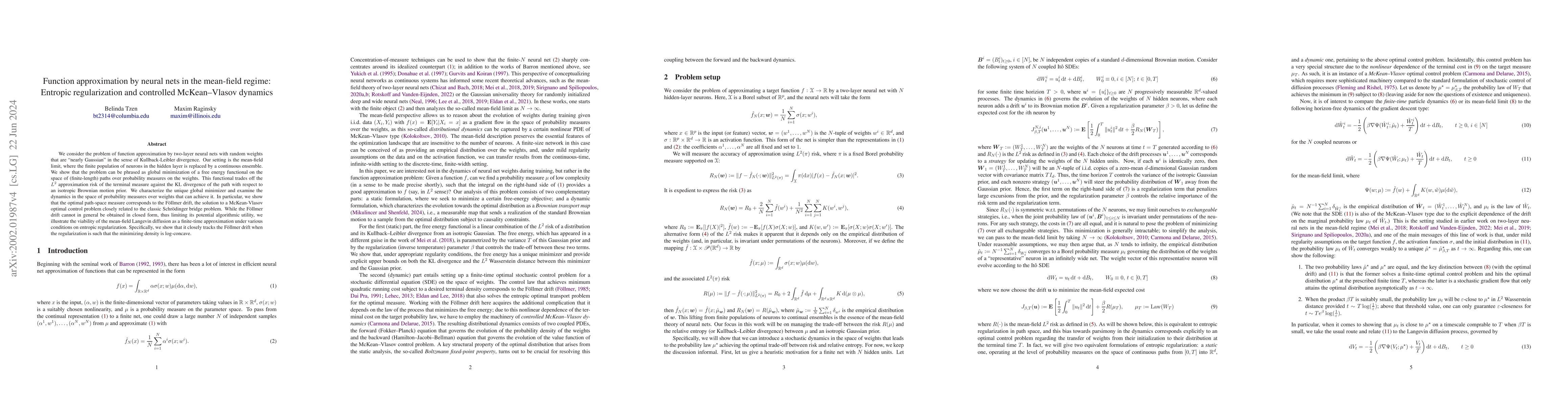 Thumbnail for Function approximation by neural nets in the mean-field regime: Entropic
  regularization and controlled McKean-Vlasov dynamics