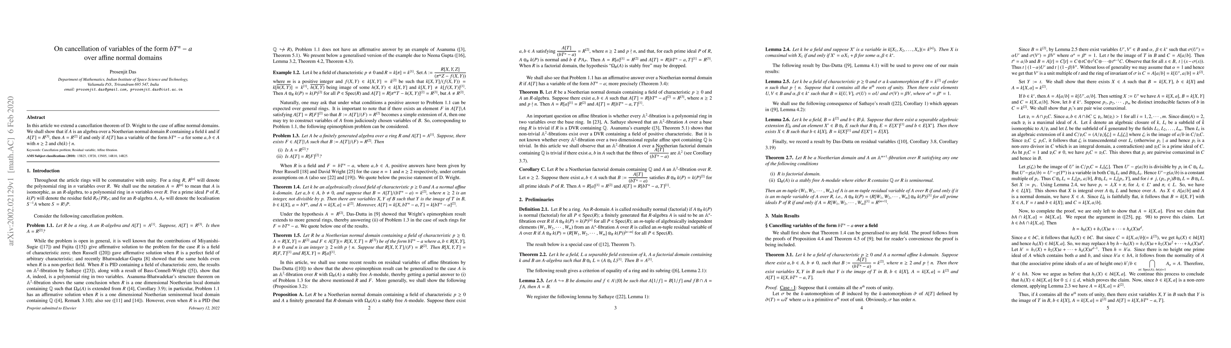 Thumbnail for On cancellation of variables of the form $bT^n-a$ over affine normal
  domains