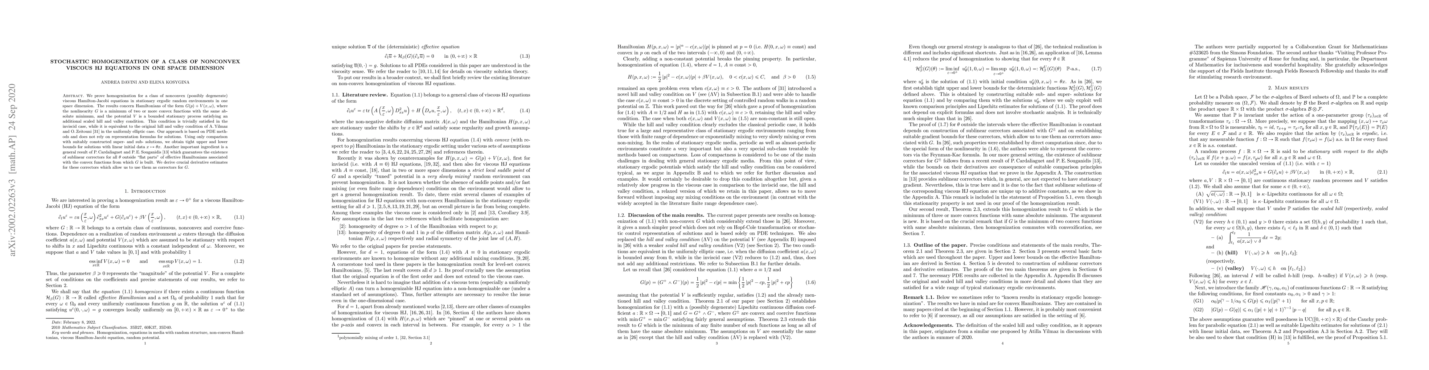 Thumbnail for Stochastic homogenization of a class of nonconvex viscous HJ equations
  in one space dimension