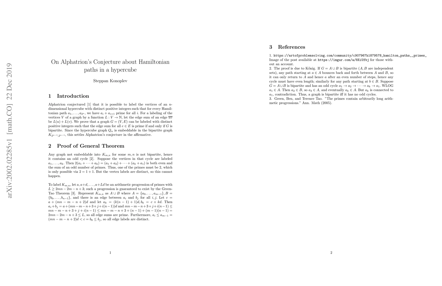 Thumbnail for On Alphatrion's Conjecture about Hamiltonian paths in hypercubes
