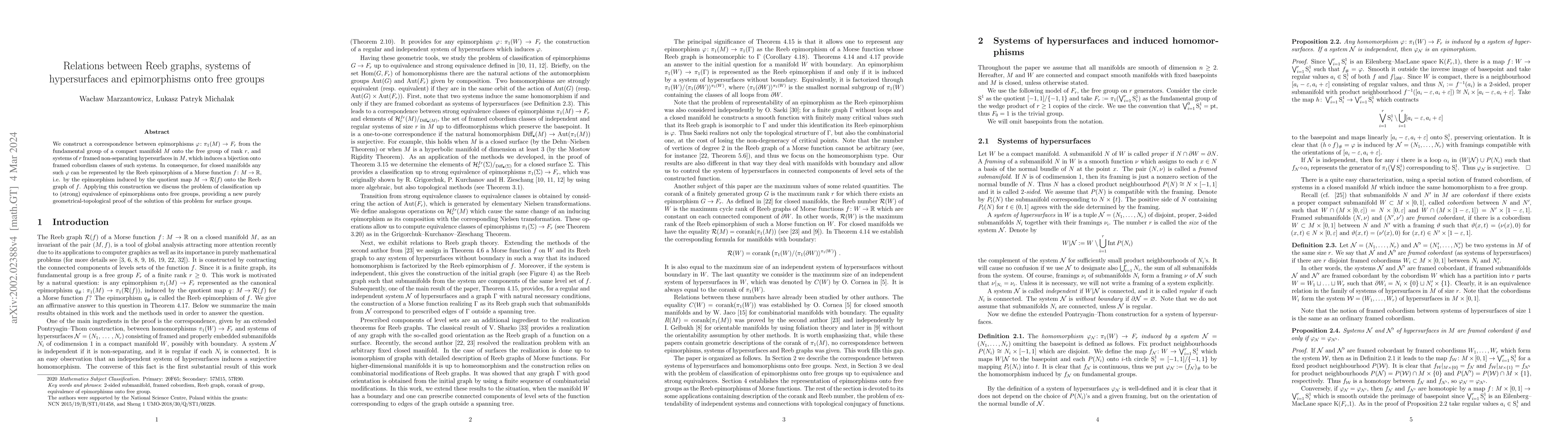 Thumbnail for Relations between Reeb graphs, systems of hypersurfaces and epimorphisms
  onto free groups