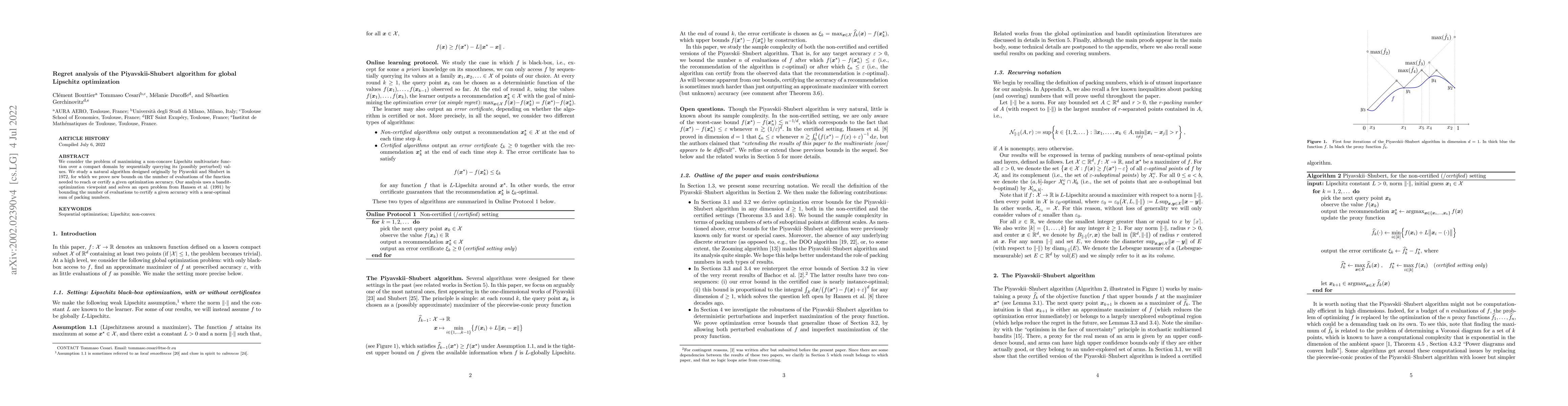 Thumbnail for Regret analysis of the Piyavskii-Shubert algorithm for global Lipschitz
  optimization
