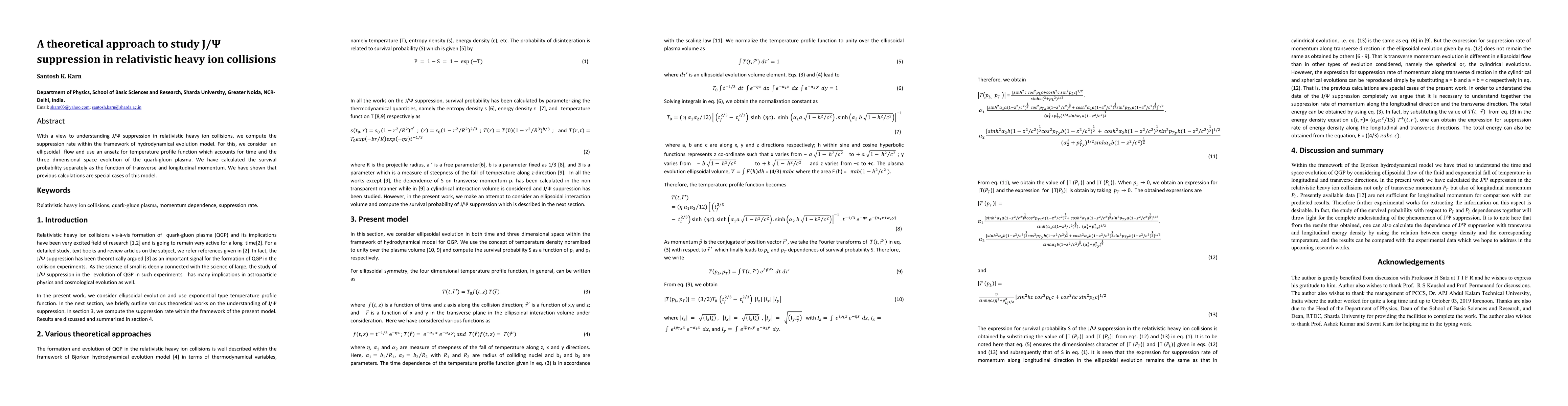 Thumbnail for A theoretical approach to study J/$\Psi$ suppression in relativistic
  heavy ion collisions