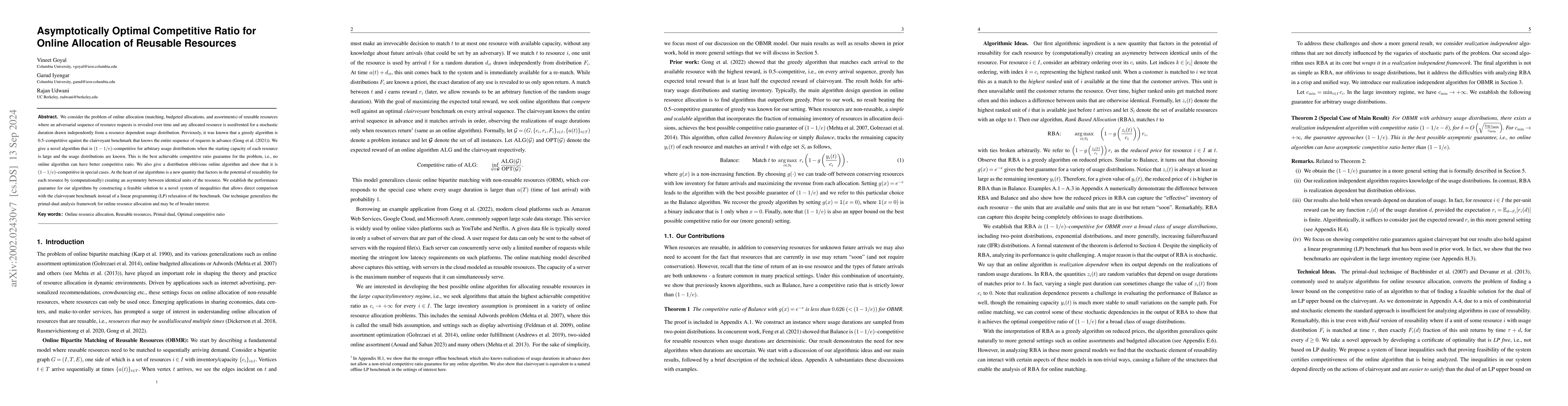 Thumbnail for Asymptotically Optimal Competitive Ratio for Online Allocation of
  Reusable Resources