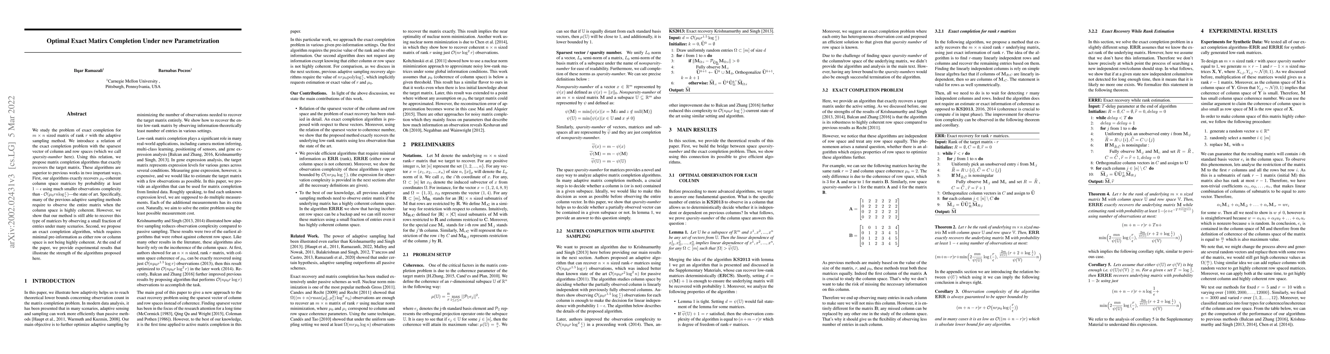 Thumbnail for Optimal Exact Matrix Completion Under new Parametrization