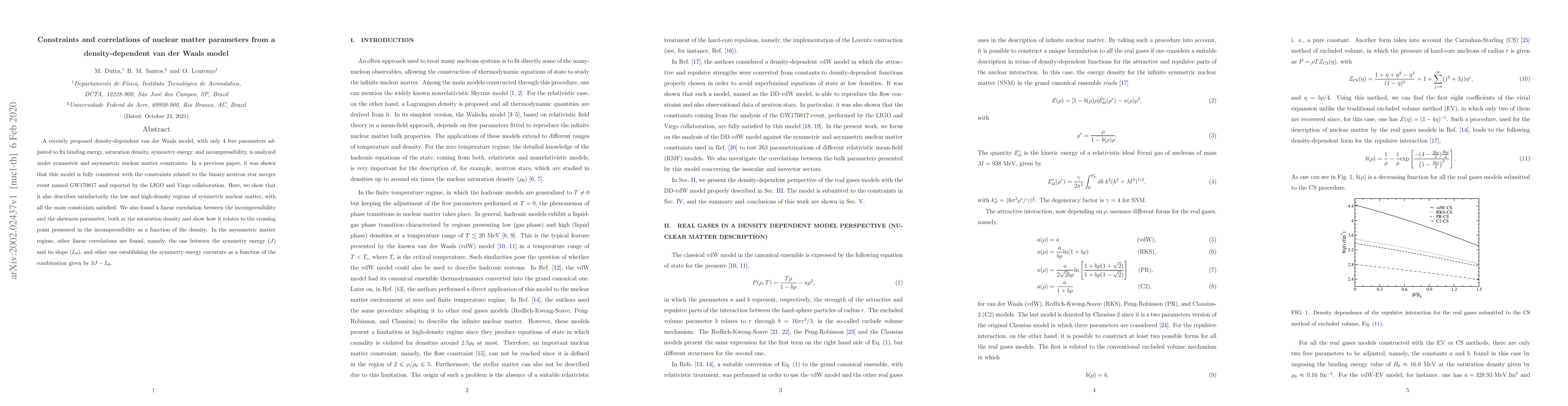 Thumbnail for Constraints and correlations of nuclear matter parameters from a
  density-dependent van der Waals model