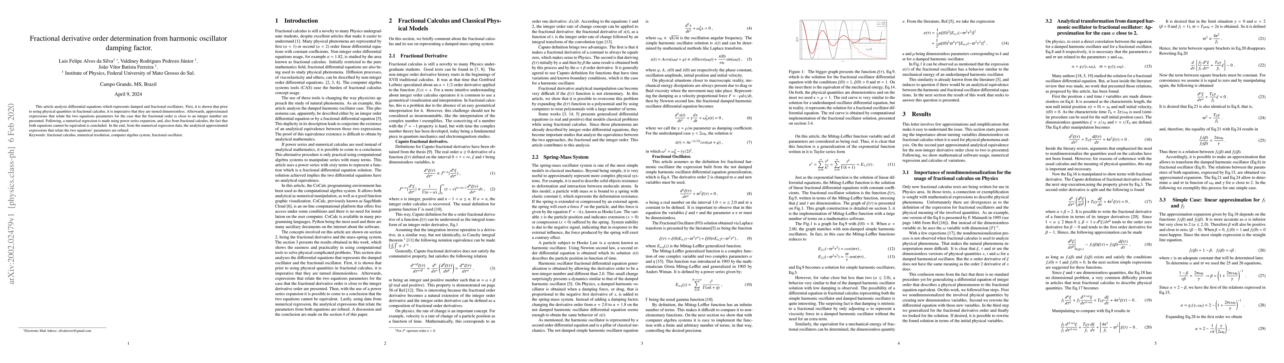 Thumbnail for Fractional derivative order determination from harmonic oscillator
  damping factor
