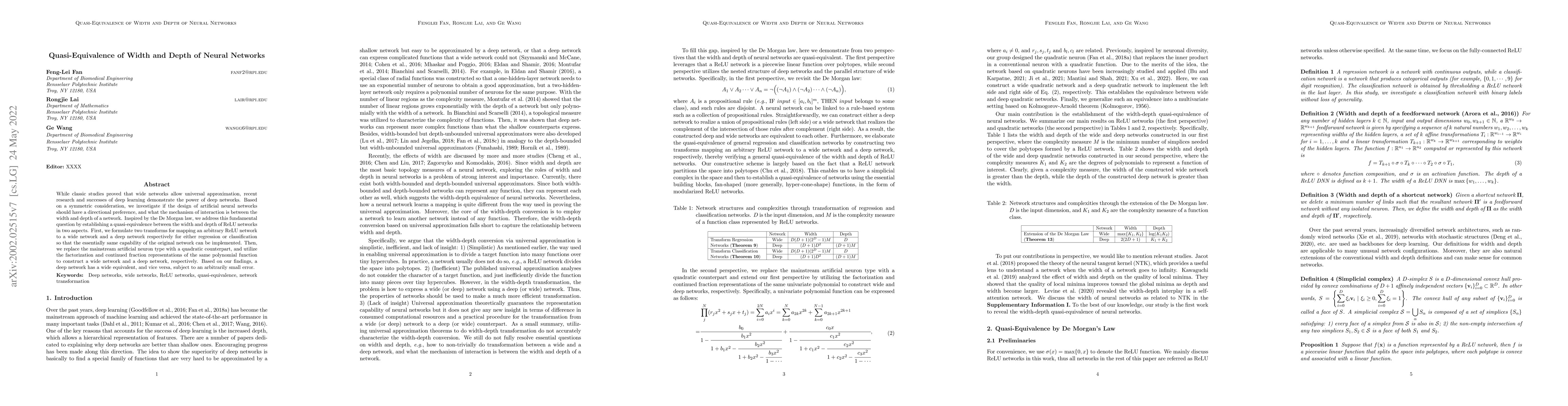 Thumbnail for Quasi-Equivalence of Width and Depth of Neural Networks
