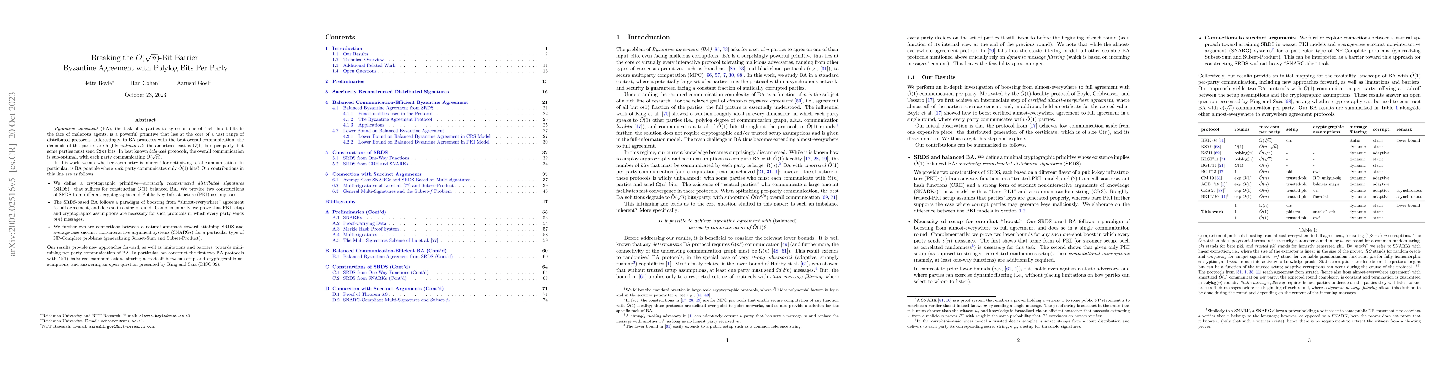 Thumbnail for Breaking the $O(\sqrt n)$-Bit Barrier: Byzantine Agreement with Polylog
  Bits Per Party