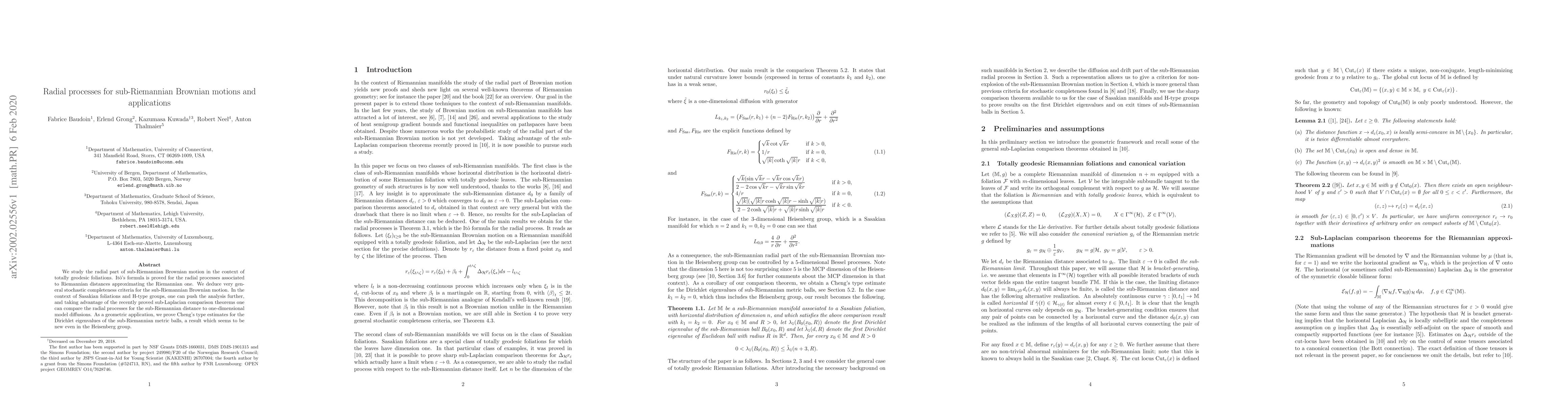 Thumbnail for Radial processes for sub-Riemannian Brownian motions and applications