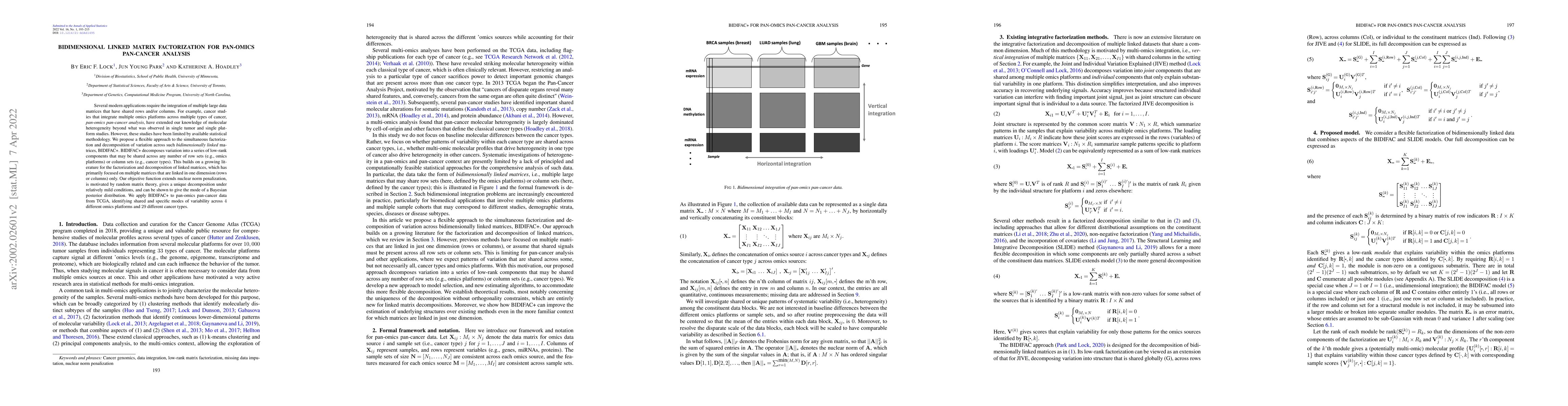 Thumbnail for Bidimensional linked matrix factorization for pan-omics pan-cancer
  analysis