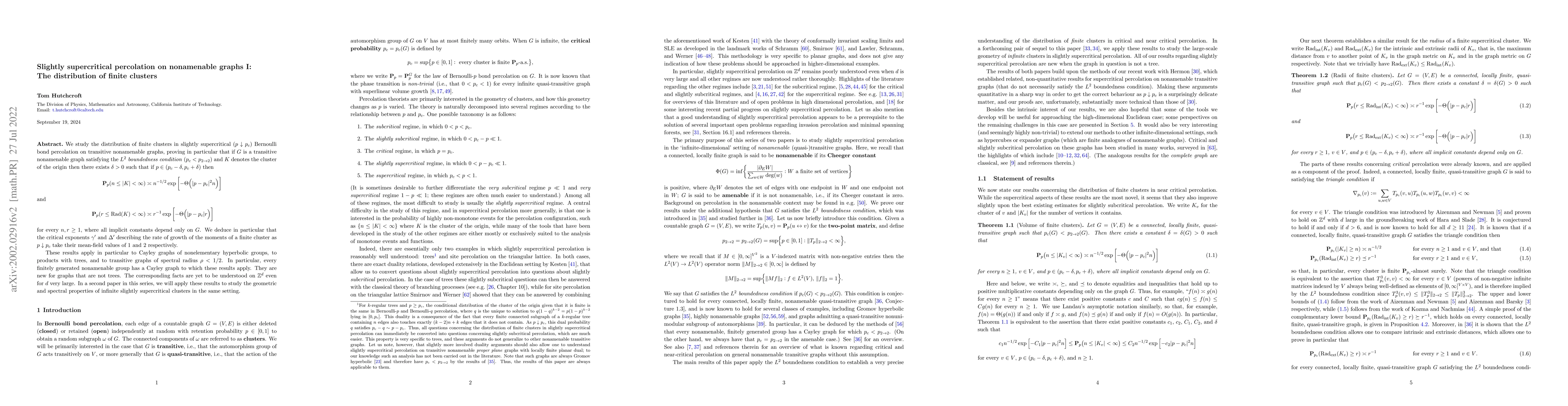 Thumbnail for Slightly supercritical percolation on nonamenable graphs I: The
  distribution of finite clusters