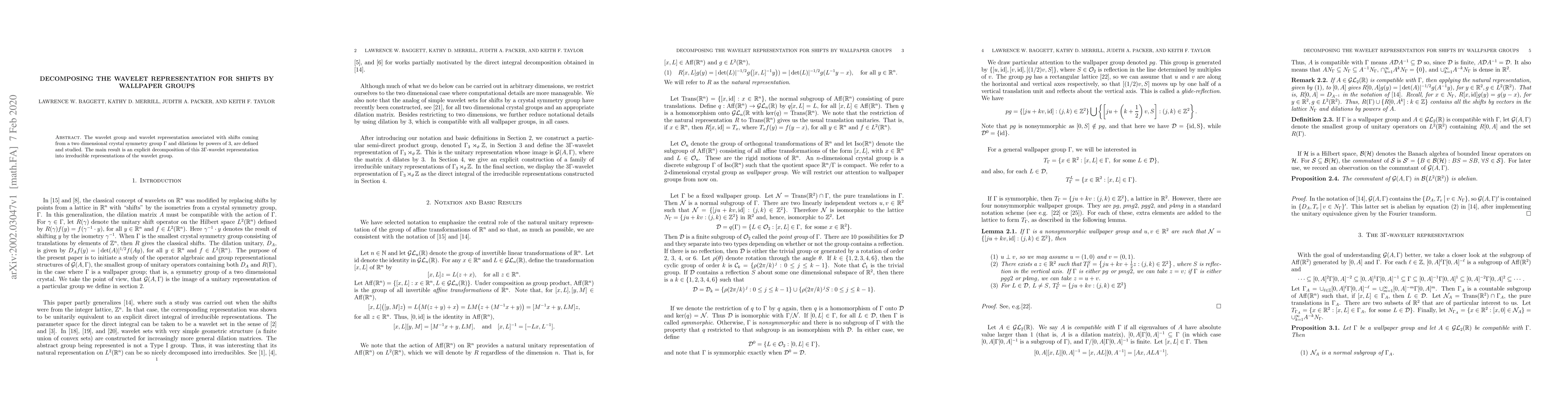Thumbnail for Decomposing the wavelet representation for shifts by wallpaper groups