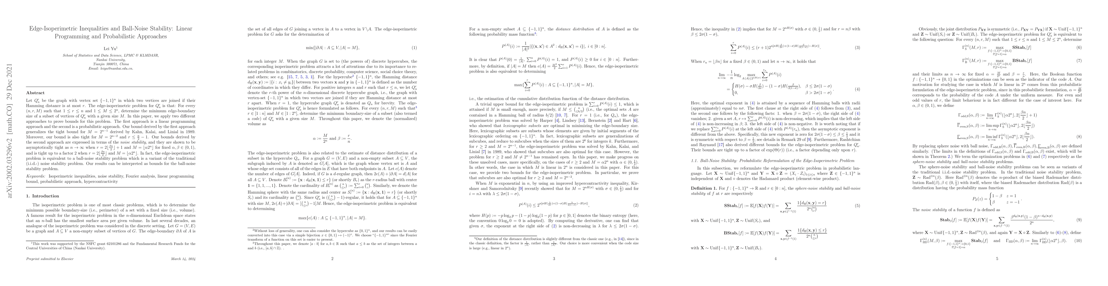 Thumbnail for Edge-Isoperimetric Inequalities and Ball-Noise Stability: Linear
  Programming and Probabilistic Approaches
