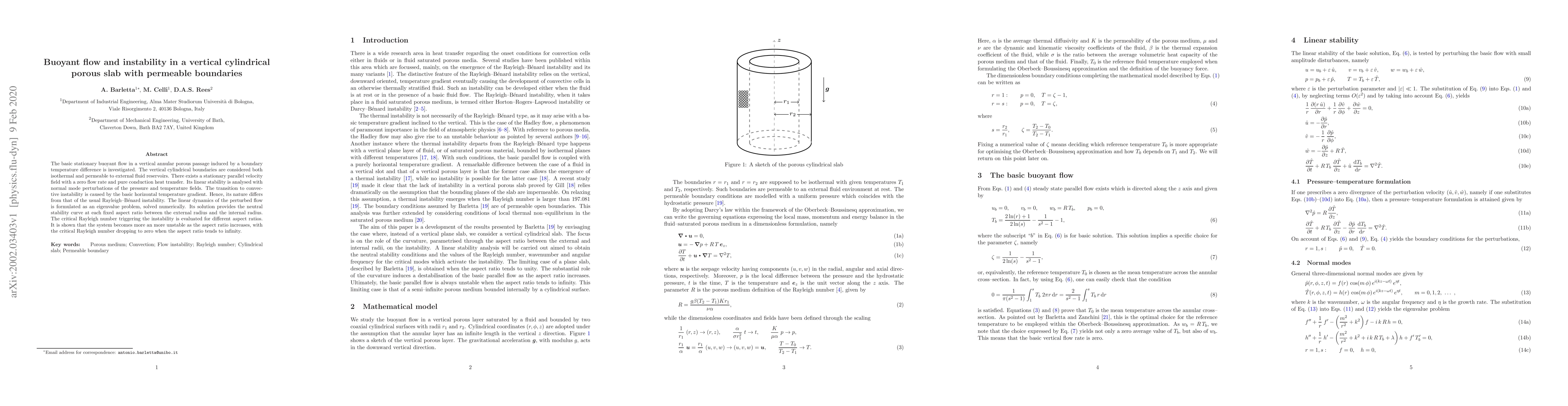 Thumbnail for Buoyant flow and instability in a vertical cylindrical porous slab with
  permeable boundaries