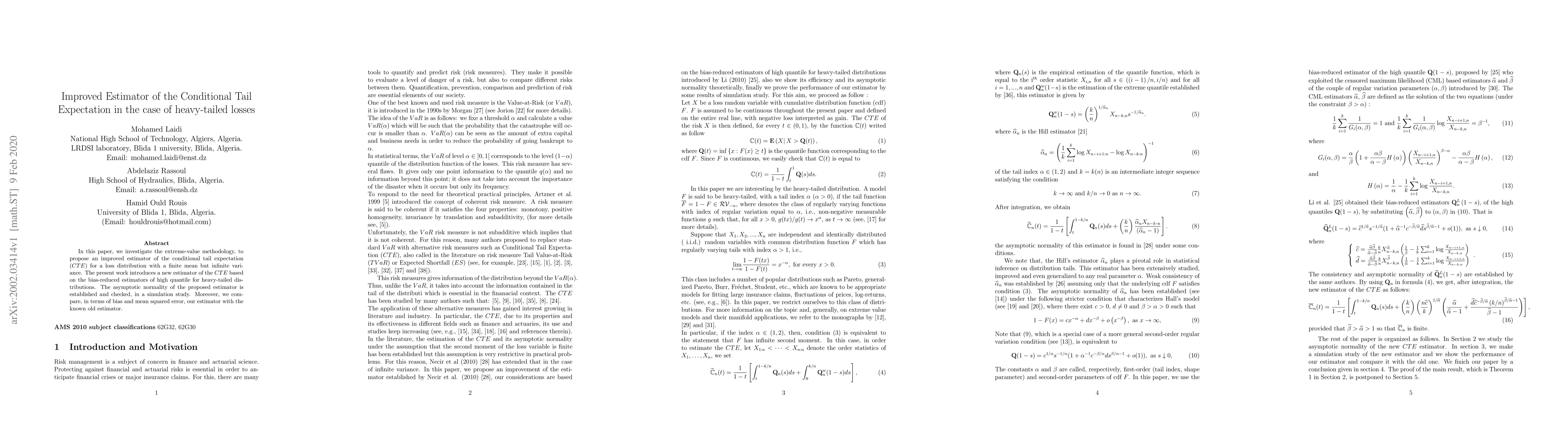 Thumbnail for Improved Estimator of the Conditional Tail Expectation in the case of
  heavy-tailed losses