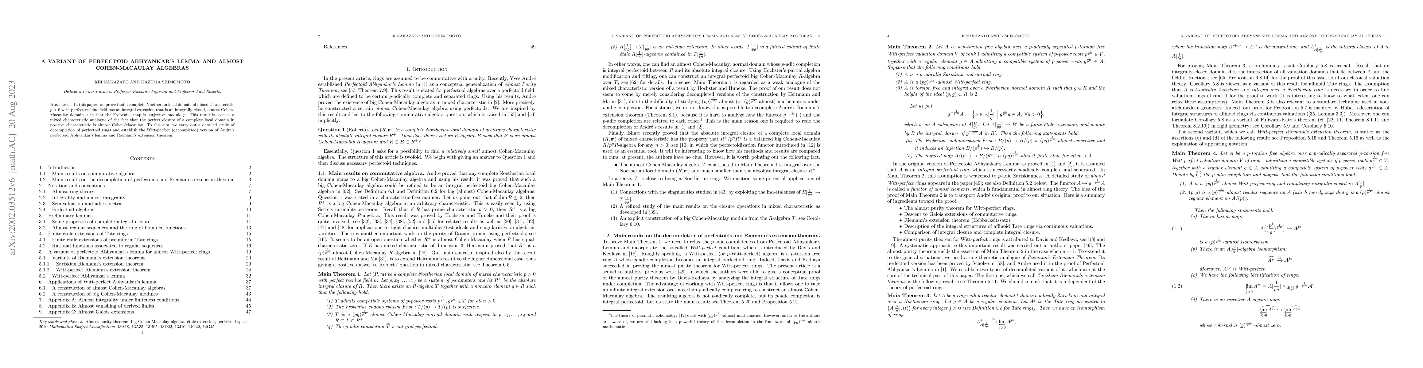 Thumbnail for A variant of perfectoid Abhyankar's lemma and almost Cohen-Macaulay
  algebras