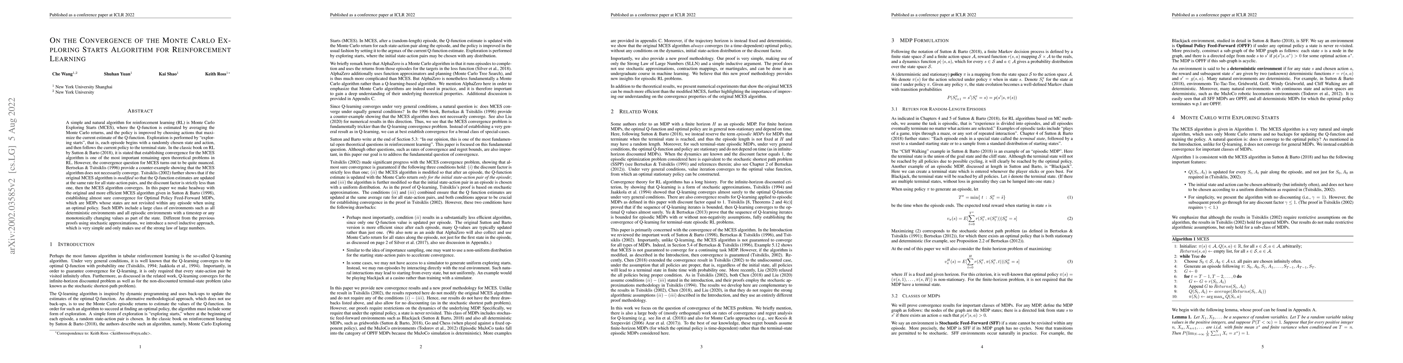 Thumbnail for On the Convergence of the Monte Carlo Exploring Starts Algorithm for
  Reinforcement Learning