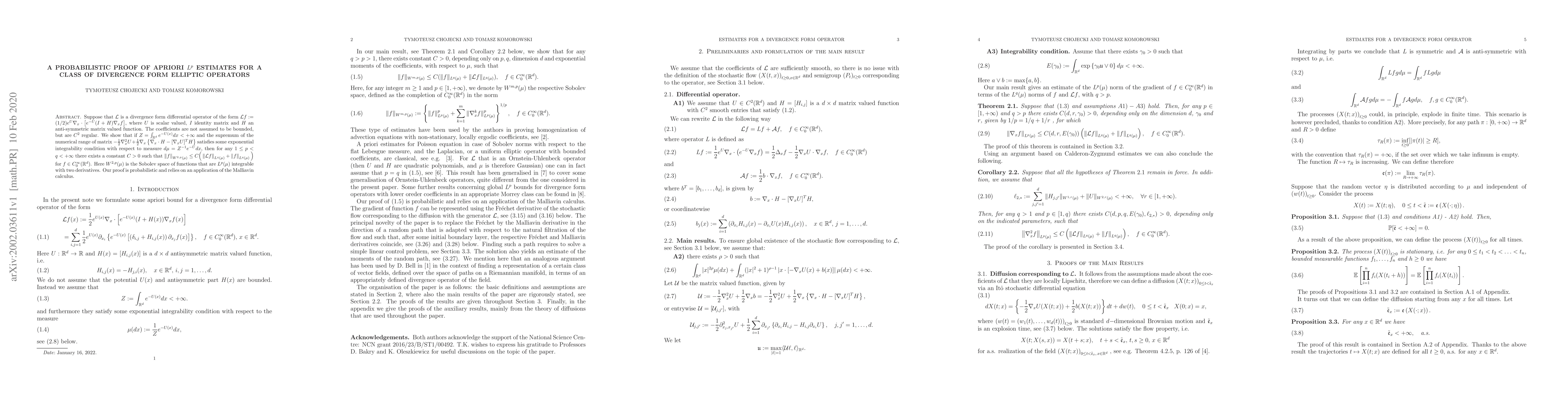 Thumbnail for A probabilistic proof of apriori $l^p$ estimates for a class of
  divergence form elliptic operators
