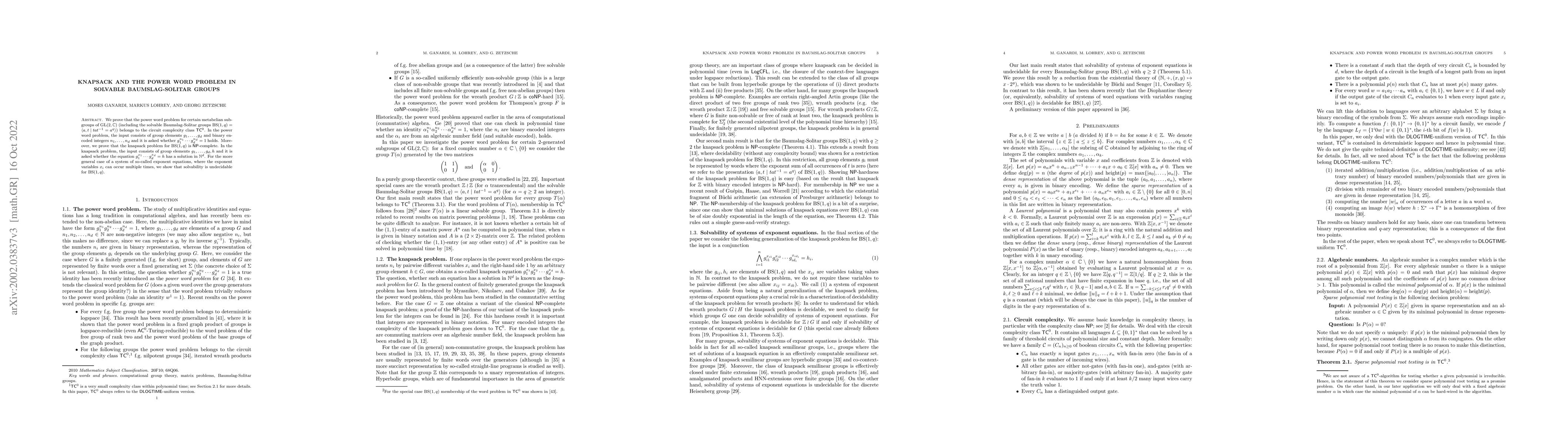 Thumbnail for Knapsack and the power word problem in solvable Baumslag-Solitar groups