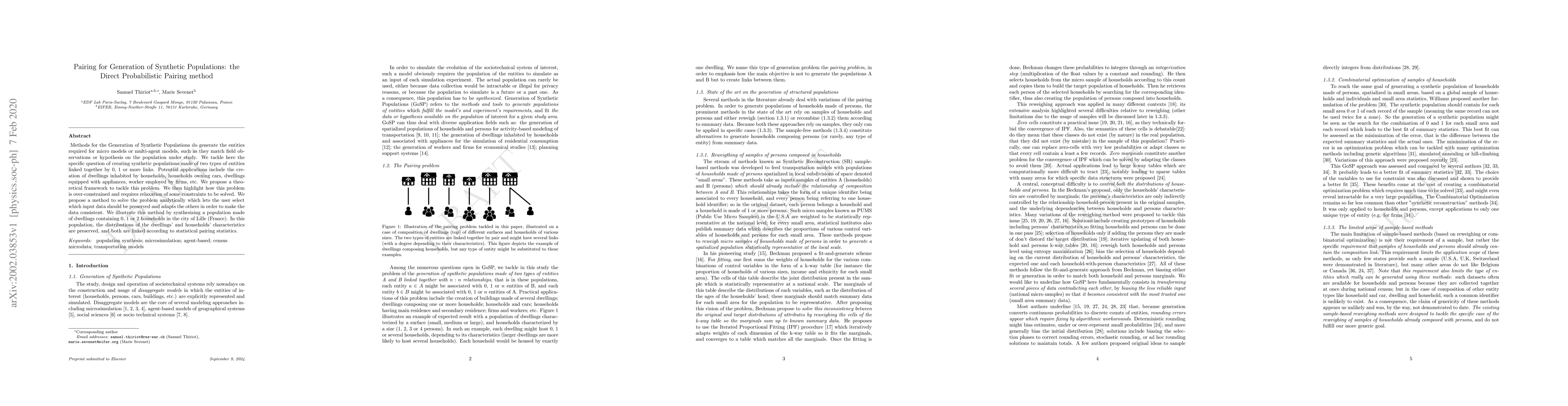 Thumbnail for Pairing for Generation of Synthetic Populations: the Direct
  Probabilistic Pairing method
