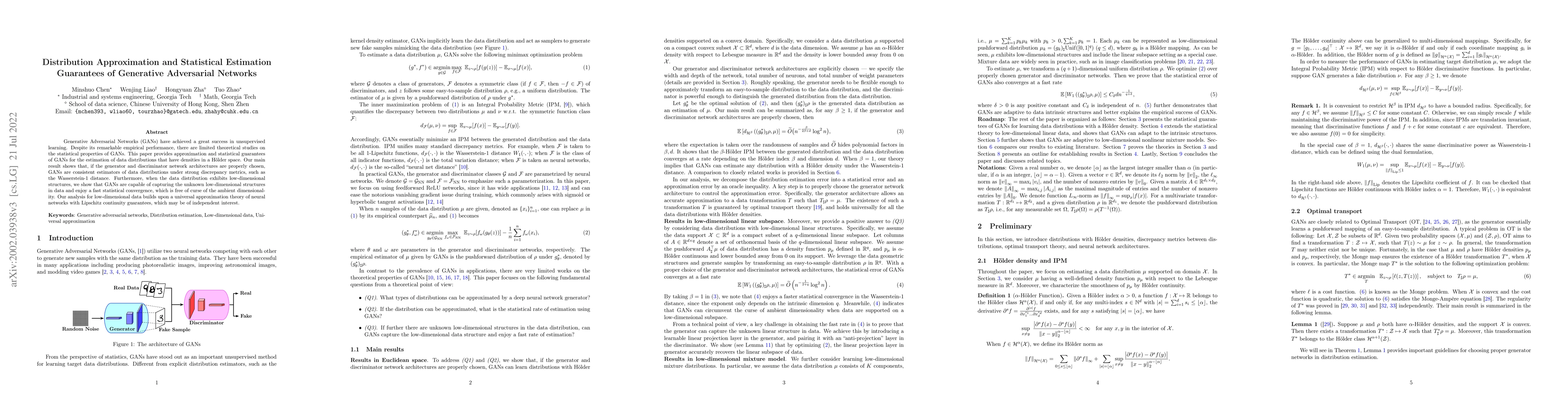 Thumbnail for Distribution Approximation and Statistical Estimation Guarantees of
  Generative Adversarial Networks