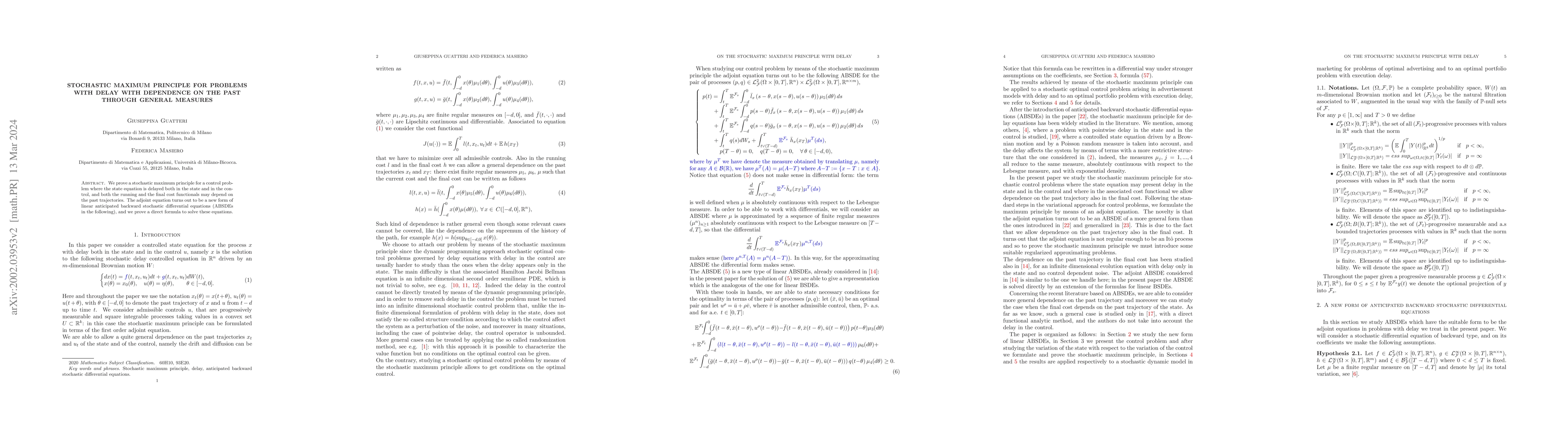 Thumbnail for Stochastic maximum principle for problems with delay with general
  dependence on the past