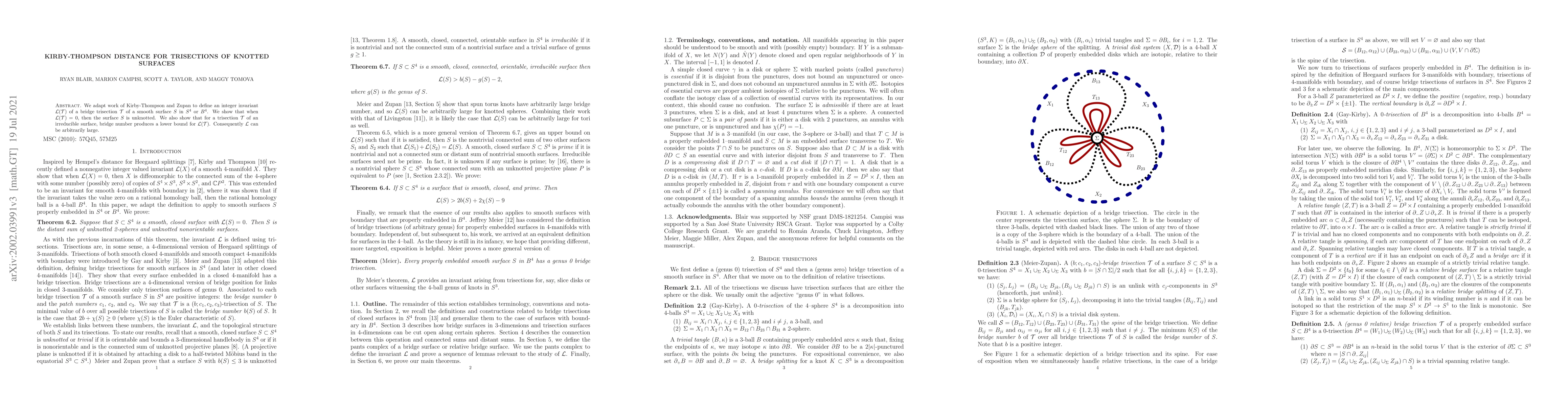 Thumbnail for Kirby-Thompson distance for trisections of knotted surfaces
