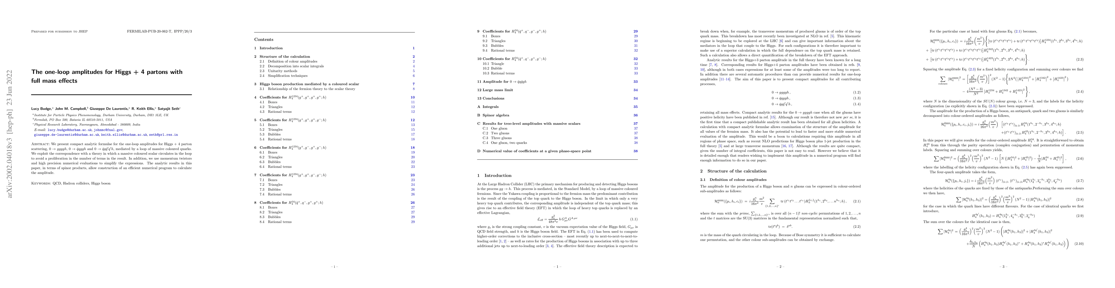 Thumbnail for The one-loop amplitudes for Higgs + 4 partons with full mass effects